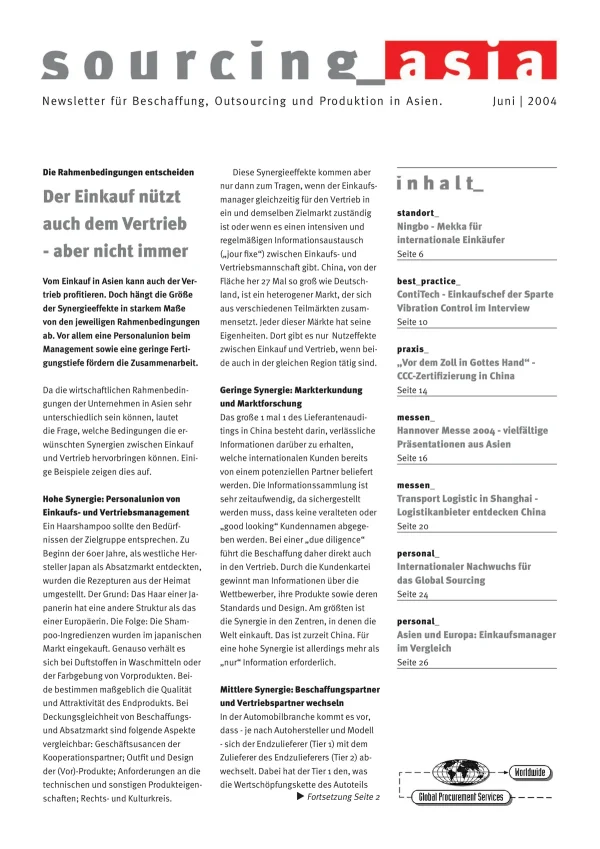 Sourcing Asia 2004/06 – Newsletter für Beschaffung, Outsourcing und Produktion in Asien
