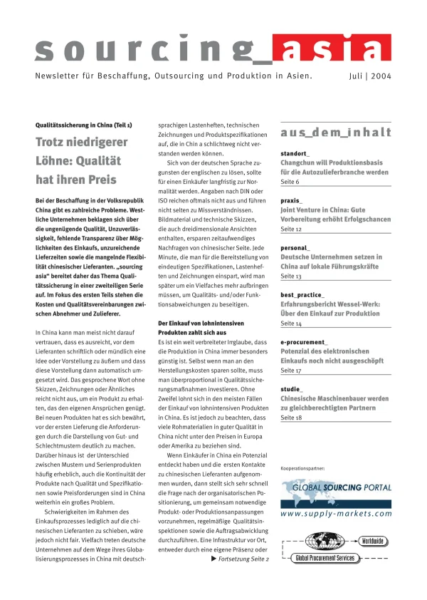 Sourcing Asia 2004/07 – Newsletter für Beschaffung, Outsourcing und Produktion in Asien