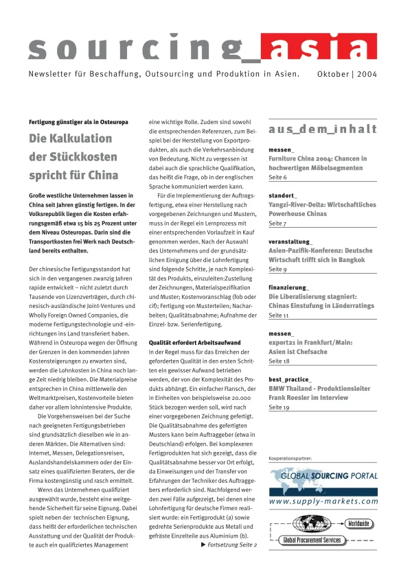 Sourcing Asia 2004/10 – Newsletter für Beschaffung, Outsourcing und Produktion in Asien