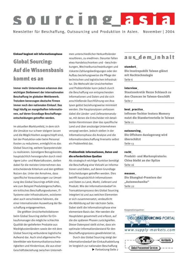 Sourcing Asia 2004/11 – Newsletter für Beschaffung, Outsourcing und Produktion in Asien