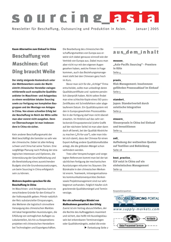 Sourcing Asia 2005/01 – Newsletter für Beschaffung, Outsourcing und Produktion in Asien