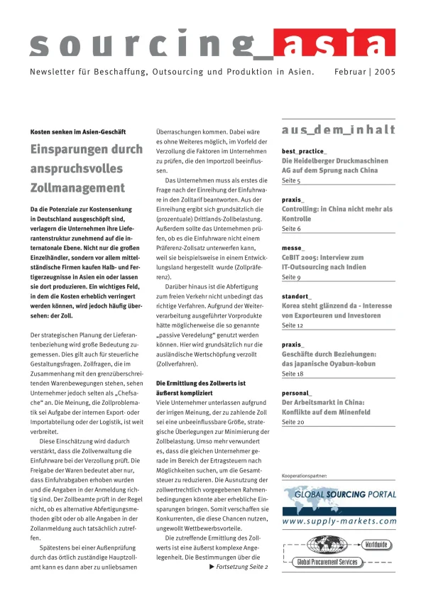 Sourcing Asia 2005/02 – Newsletter für Beschaffung, Outsourcing und Produktion in Asien