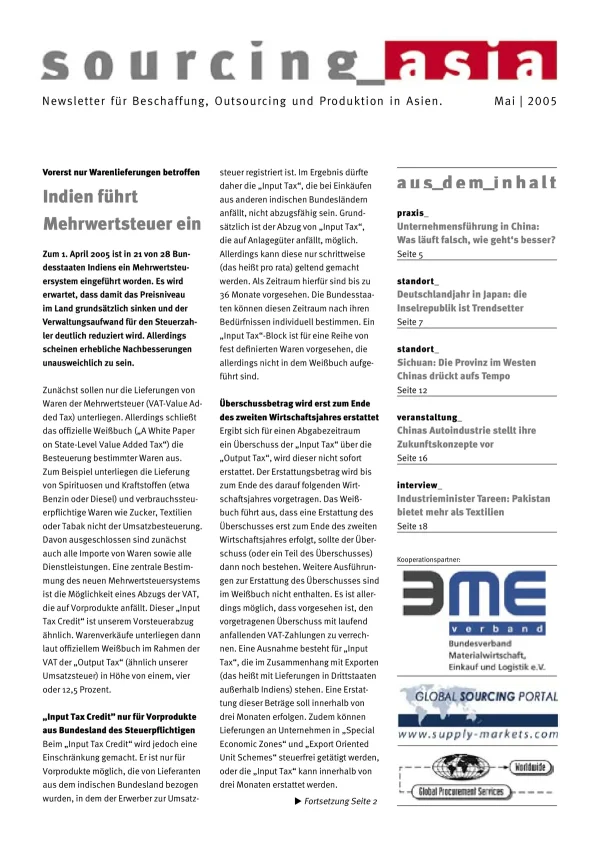 Sourcing Asia 2005/05 – Newsletter für Beschaffung, Outsourcing und Produktion in Asien