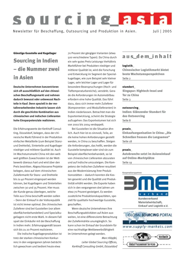 Sourcing Asia 2005/07 – Newsletter für Beschaffung, Outsourcing und Produktion in Asien