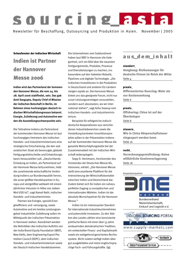 Sourcing Asia 2005/11 – Newsletter für Beschaffung, Outsourcing und Produktion in Asien